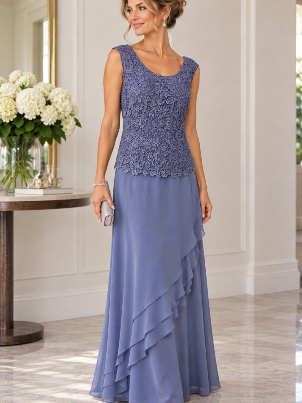 Cameron Blake Mon Cheri Purple Lace Beaded Chiffon Gown Mother of Bride Formal